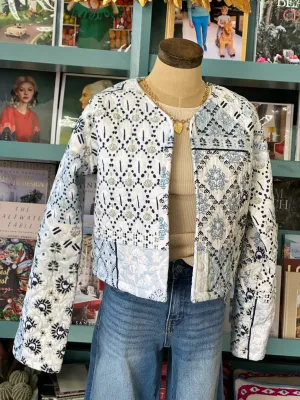 Ida Mae Laramie Patchwork Blue Quilted Cropped Jacket