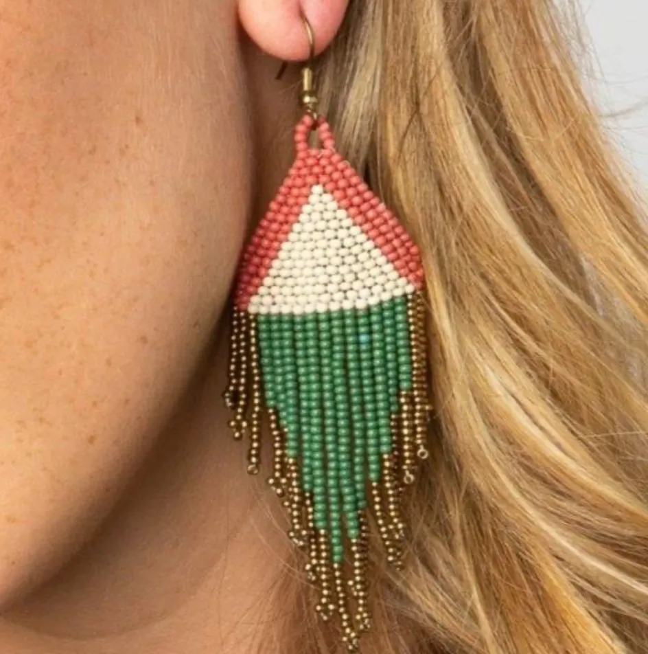 INK   ALLOY - Terra Cotta, Ivory, Emerald and Gold Fringe Earrings