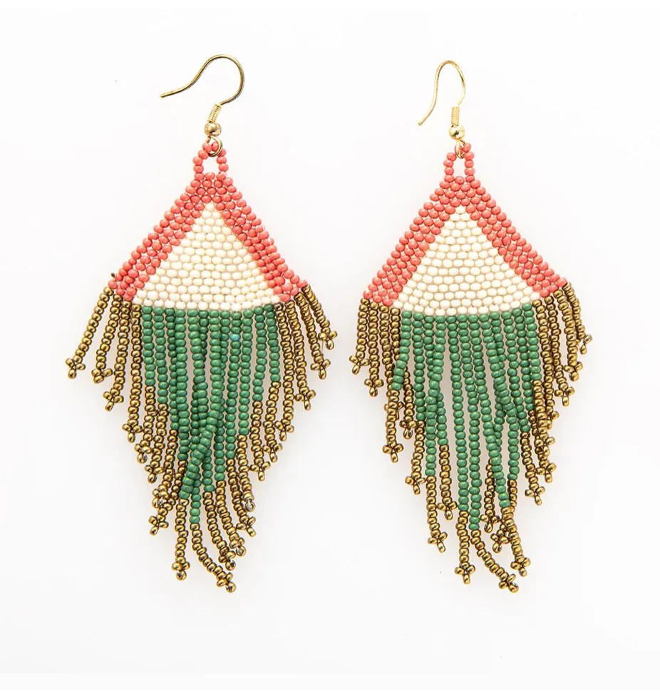 INK   ALLOY - Terra Cotta, Ivory, Emerald and Gold Fringe Earrings