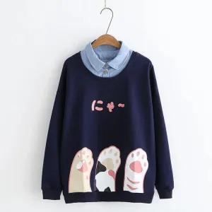 Japanese Put Cat Paw Up Fake Two-Piece Sweatshirt