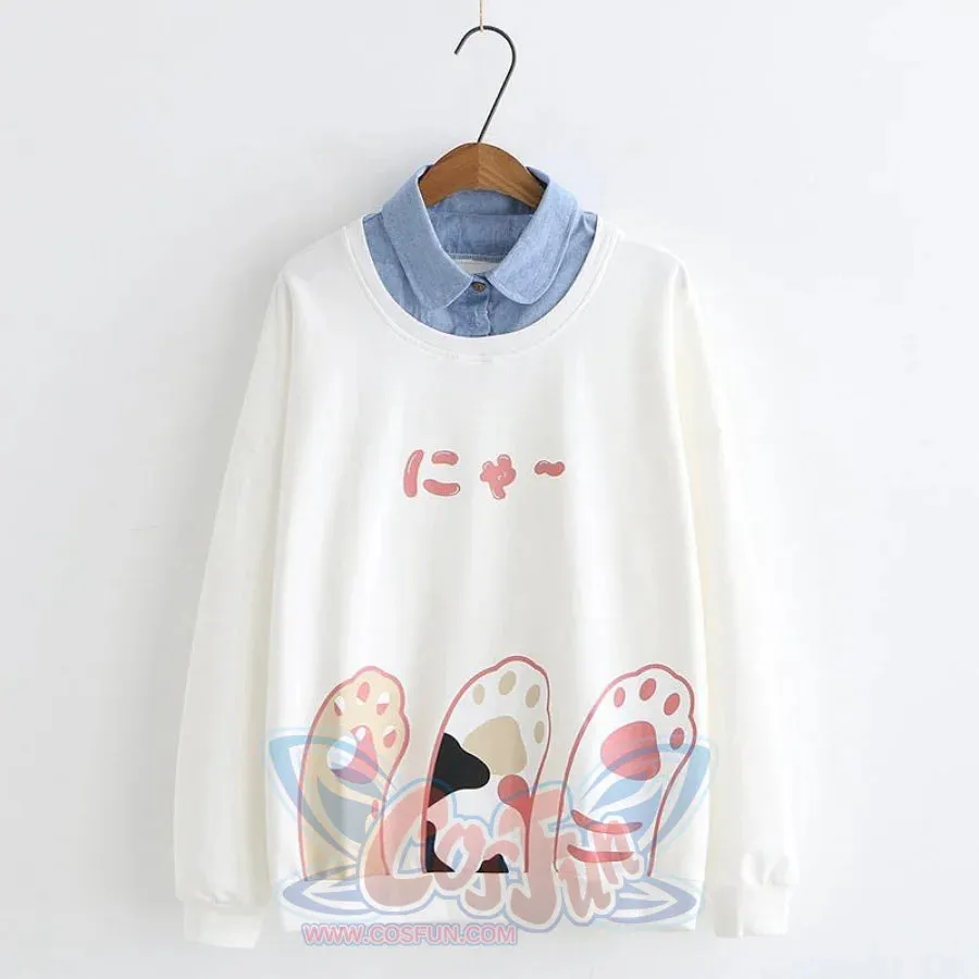 Japanese Put Cat Paw Up Fake Two-Piece Sweatshirt