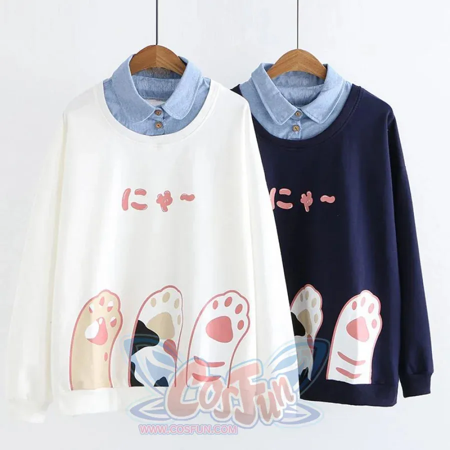 Japanese Put Cat Paw Up Fake Two-Piece Sweatshirt