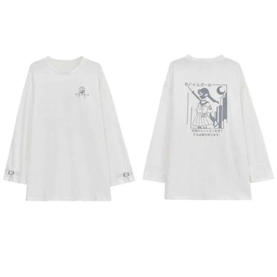 Japanese Reflective Print Buckle Oversized Sweatshirt J40235