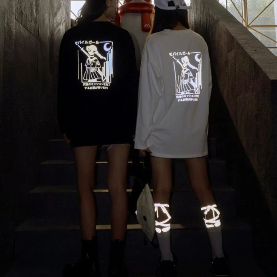 Japanese Reflective Print Buckle Oversized Sweatshirt J40235