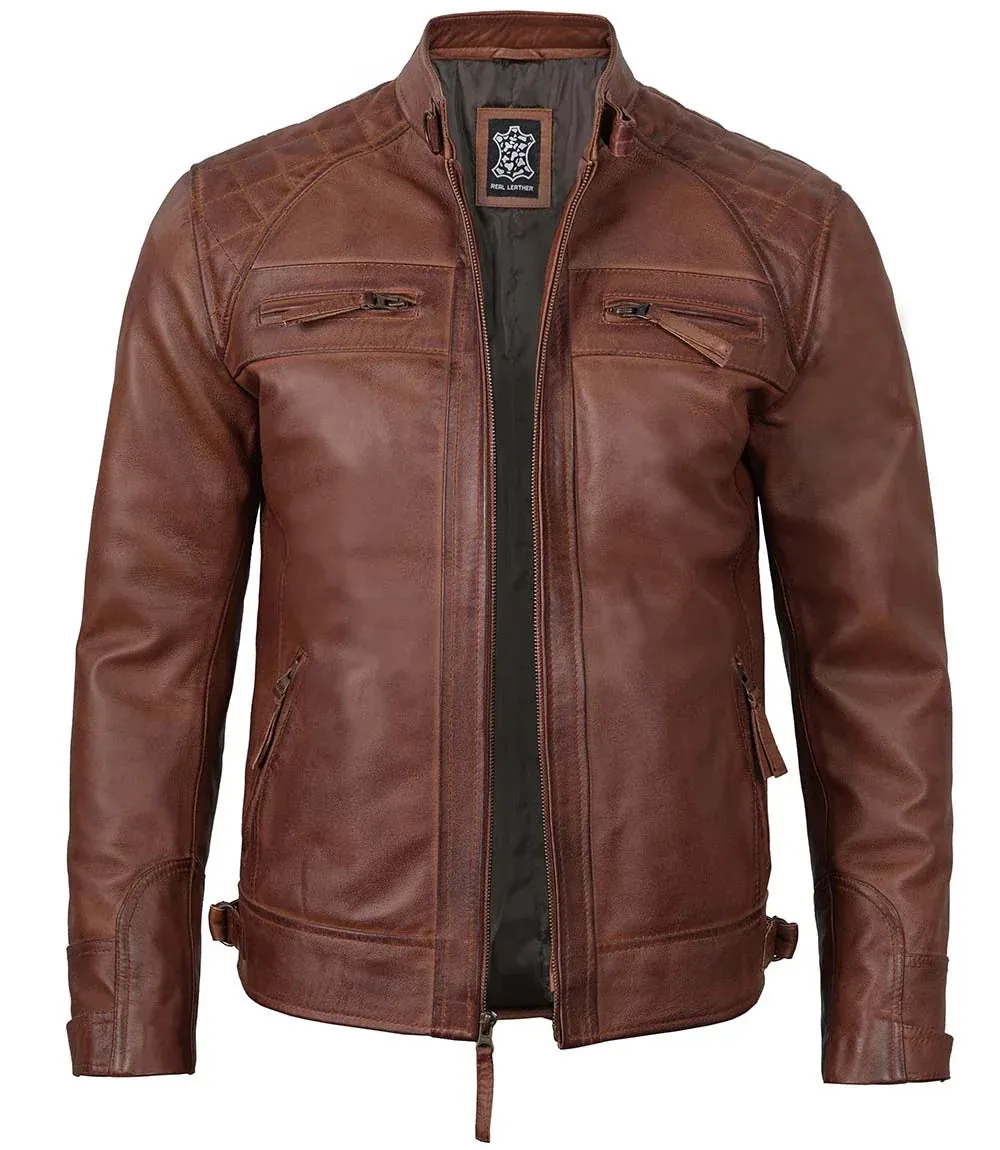 Johnson Men's Cognac Brown Quilted Cafe Racer Leather Jacket