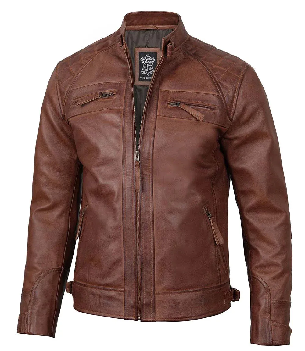 Johnson Men's Cognac Brown Quilted Cafe Racer Leather Jacket
