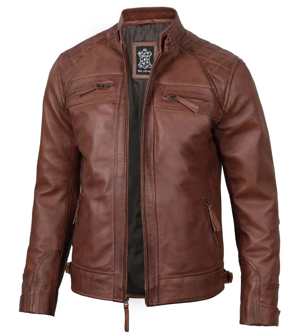 Johnson Men's Cognac Brown Quilted Cafe Racer Leather Jacket