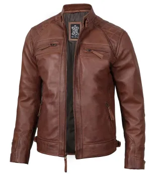 Johnson Men's Cognac Brown Quilted Cafe Racer Leather Jacket