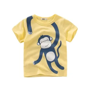 Kids Cartoon Animals Short Sleeve Cotton T-shirt - Yellow, White