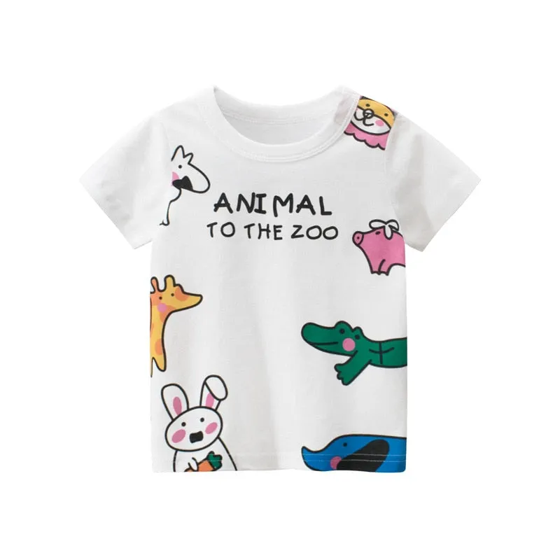 Kids Cartoon Animals Short Sleeve Cotton T-shirt - Yellow, White
