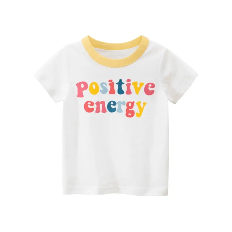 Kids Cartoon Animals Short Sleeve Cotton T-shirt - Yellow, White