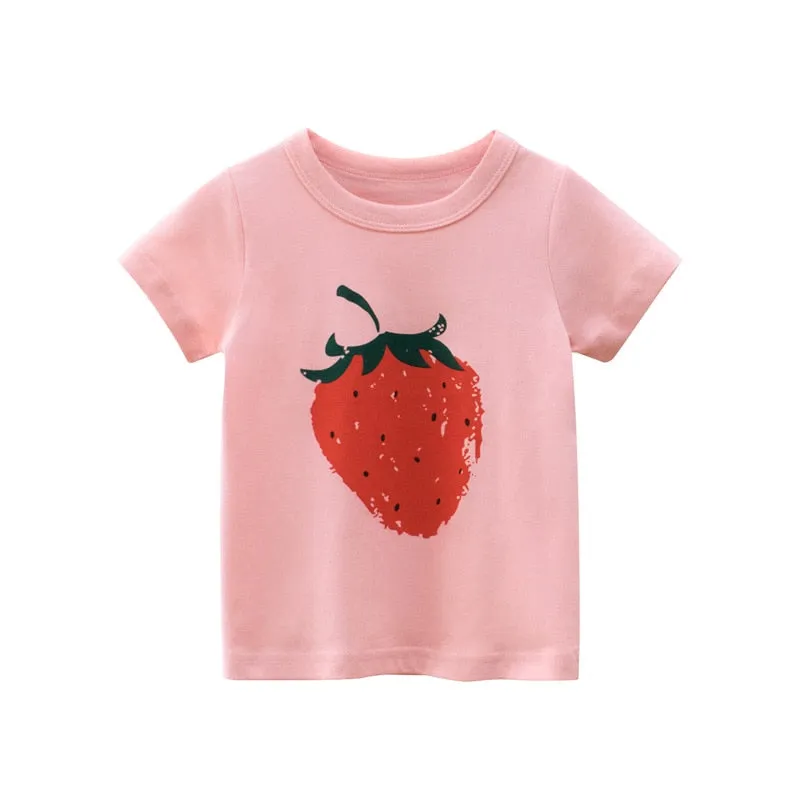 Kids Cartoon Print Short Sleeve Cotton T-shirt - Cream, Black, Pink, Grey