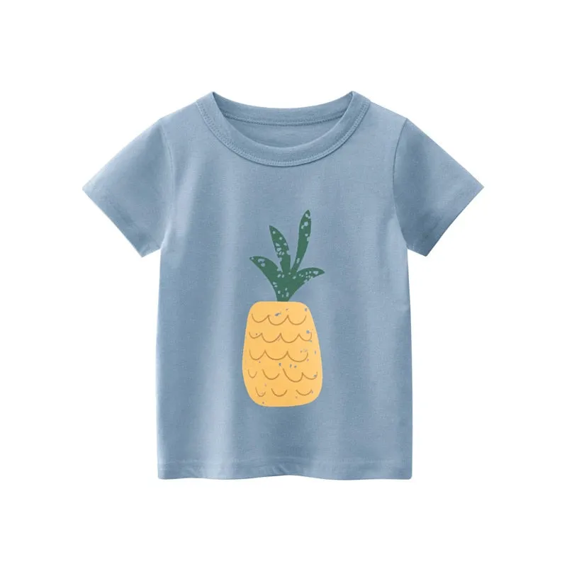 Kids Cartoon Print Short Sleeve Cotton T-shirt - Cream, Black, Pink, Grey