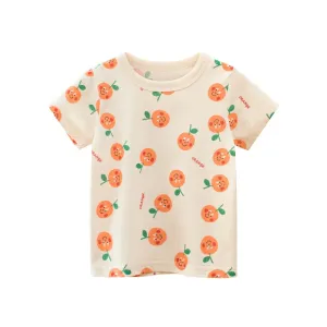 Kids Cartoon Print Short Sleeve Cotton T-shirt - Cream, Black, Pink, Grey
