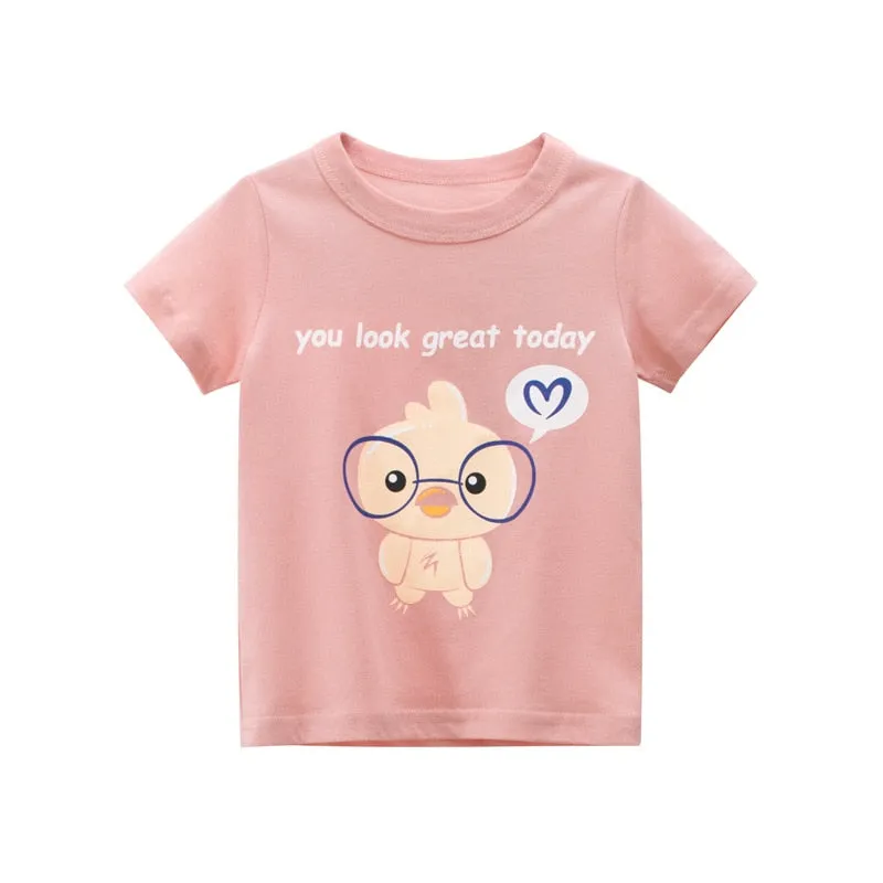 Kids Cartoon Print Short Sleeve Cotton T-shirt - Cream, Pink, White