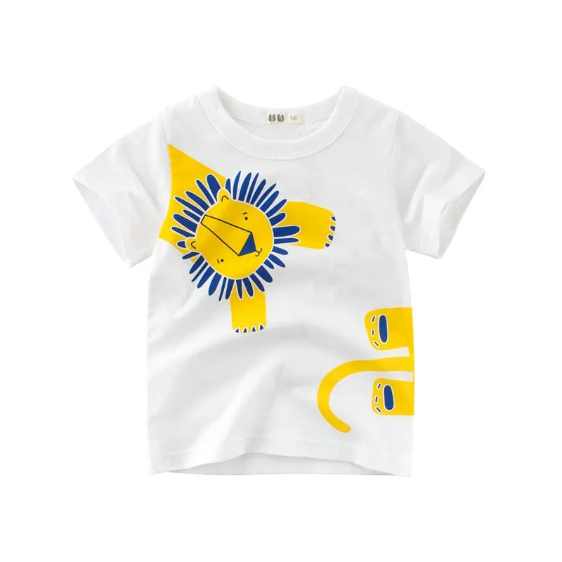 Kids Cartoon Print Short Sleeve Cotton T-shirt - Cream, Pink, White