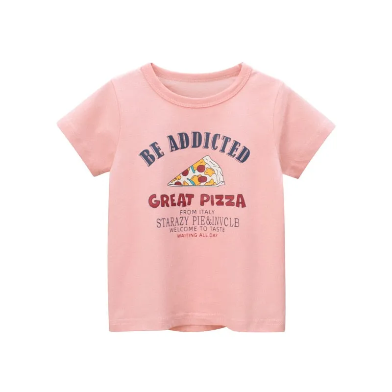 Kids Cartoon Print Short Sleeve Cotton T-shirt - Cream, Pink, White