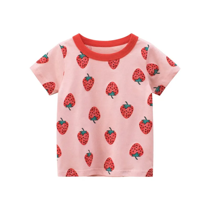 Kids Cartoon Print Short Sleeve Cotton T-shirt - Lilac, Pink, White, Cream