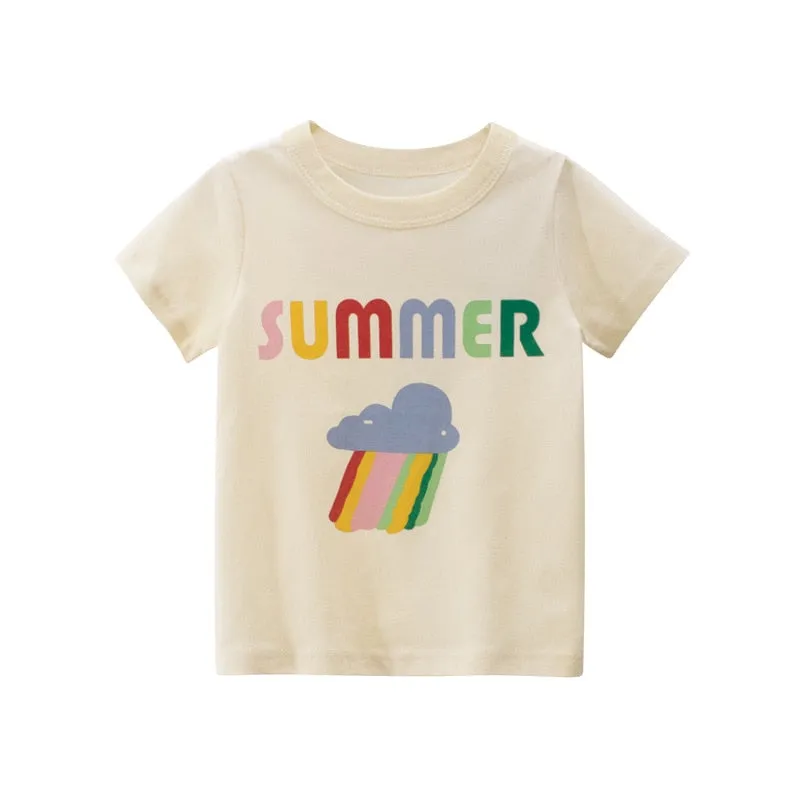 Kids Cartoon Print Short Sleeve Cotton T-shirt - Lilac, Pink, White, Cream