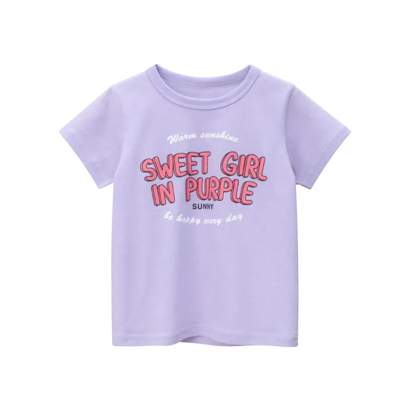 Kids Cartoon Print Short Sleeve Cotton T-shirt - Lilac, Pink, White, Cream