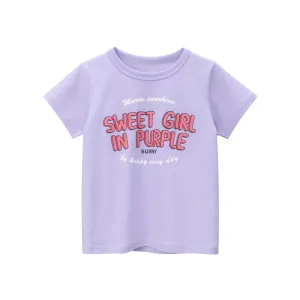 Kids Cartoon Print Short Sleeve Cotton T-shirt - Lilac, Pink, White, Cream