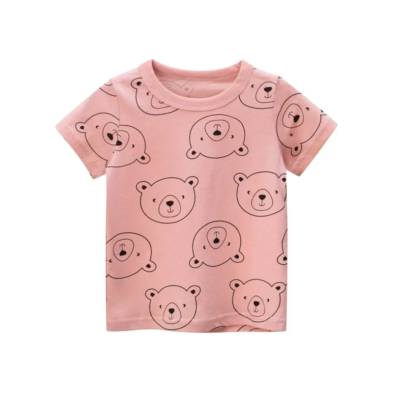 Kids Cartoon Print Short Sleeve Cotton T-shirt - Yellow, Pink, Grey
