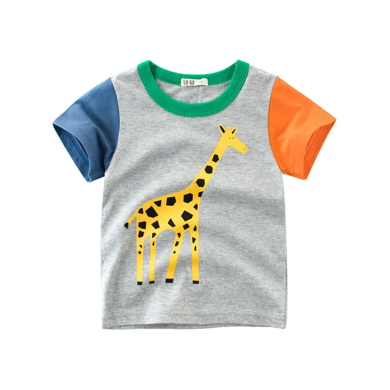 Kids Cartoon Print Short Sleeve Cotton T-shirt - Yellow, Pink, Grey