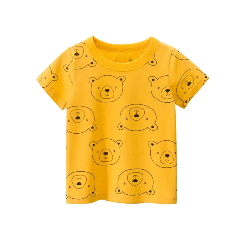 Kids Cartoon Print Short Sleeve Cotton T-shirt - Yellow, Pink, Grey