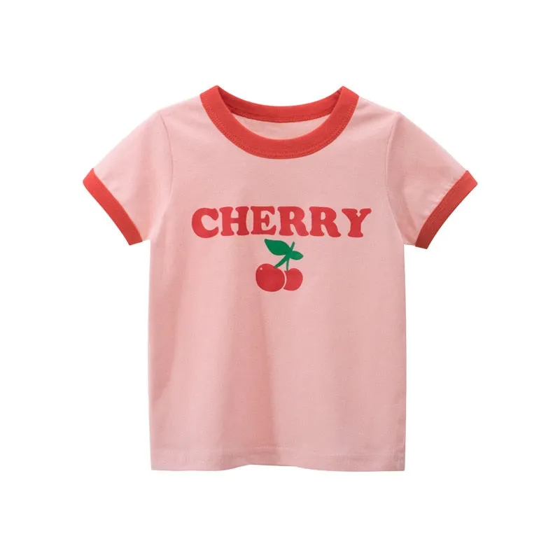 Kids Cartoon Print Short Sleeve Cotton T-shirt - Yellow, Pink, Grey