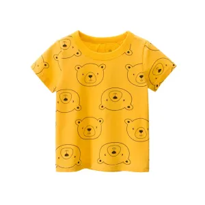 Kids Cartoon Print Short Sleeve Cotton T-shirt - Yellow, Pink, Grey