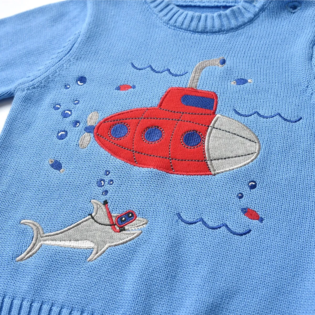 Kids Cartoon Submarine Cotton Knitted Pullover - Blue, Sky Blue
