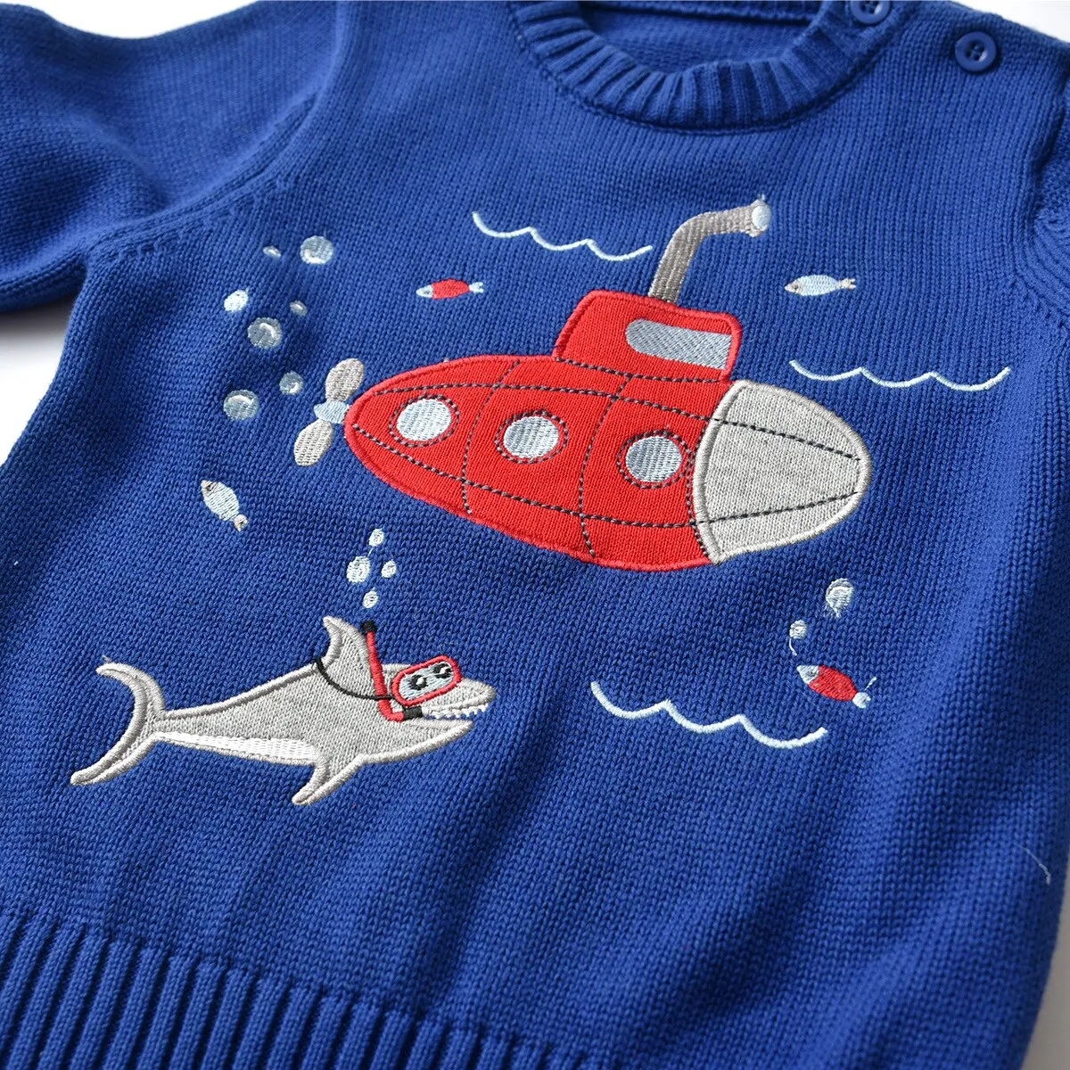 Kids Cartoon Submarine Cotton Knitted Pullover - Blue, Sky Blue