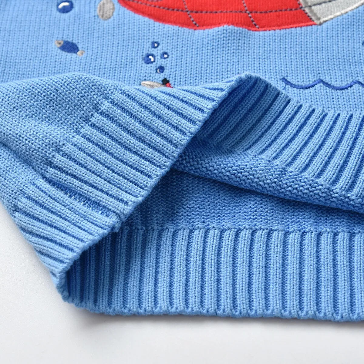 Kids Cartoon Submarine Cotton Knitted Pullover - Blue, Sky Blue