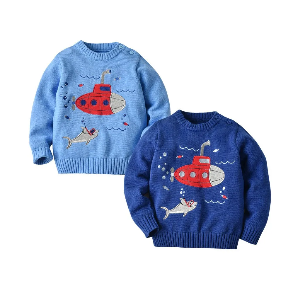 Kids Cartoon Submarine Cotton Knitted Pullover - Blue, Sky Blue