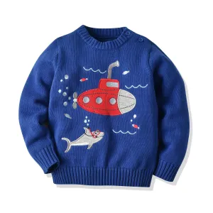 Kids Cartoon Submarine Cotton Knitted Pullover - Blue, Sky Blue
