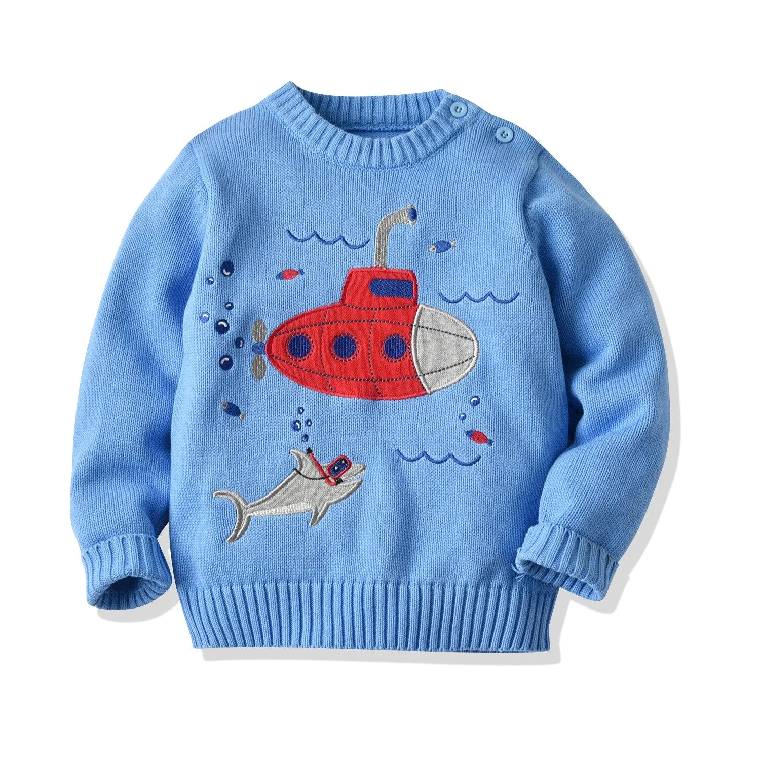 Kids Cartoon Submarine Cotton Knitted Pullover - Blue, Sky Blue