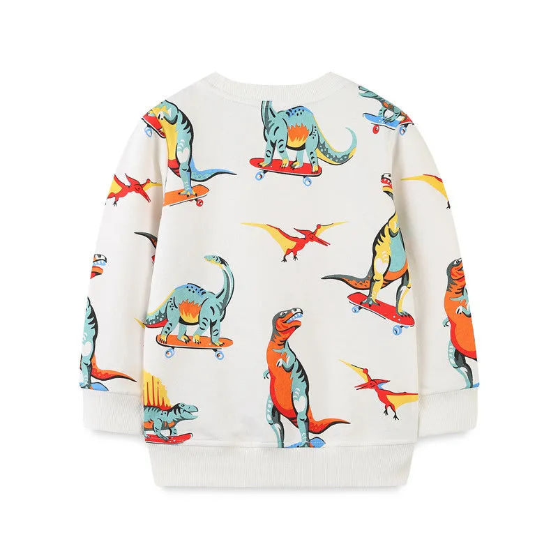 Kids Dinosaurs Print Long Sleeve Cotton Sweatshirt - White