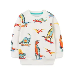 Kids Dinosaurs Print Long Sleeve Cotton Sweatshirt - White