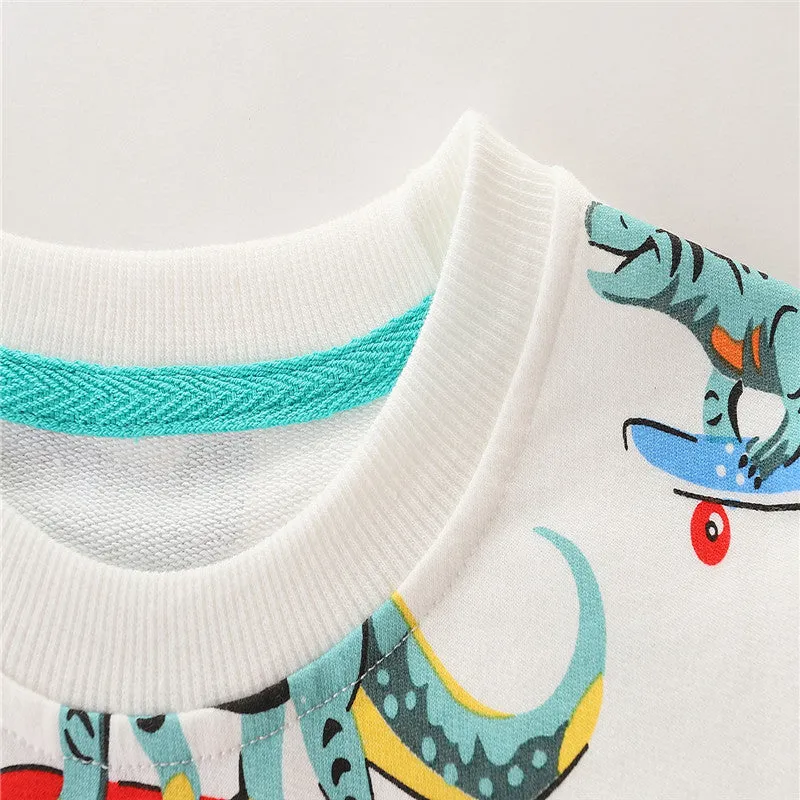 Kids Dinosaurs Print Long Sleeve Cotton Sweatshirt - White