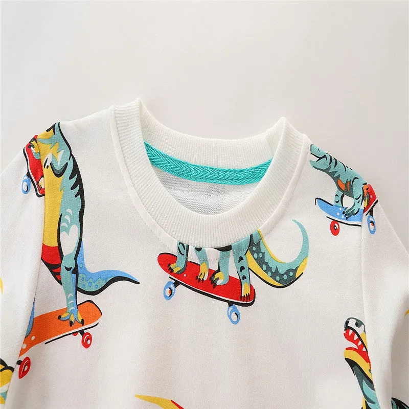Kids Dinosaurs Print Long Sleeve Cotton Sweatshirt - White