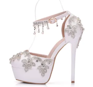 Large size white rhinestone wedding shoes single shoes women Beaded tassel chain high heel sandals