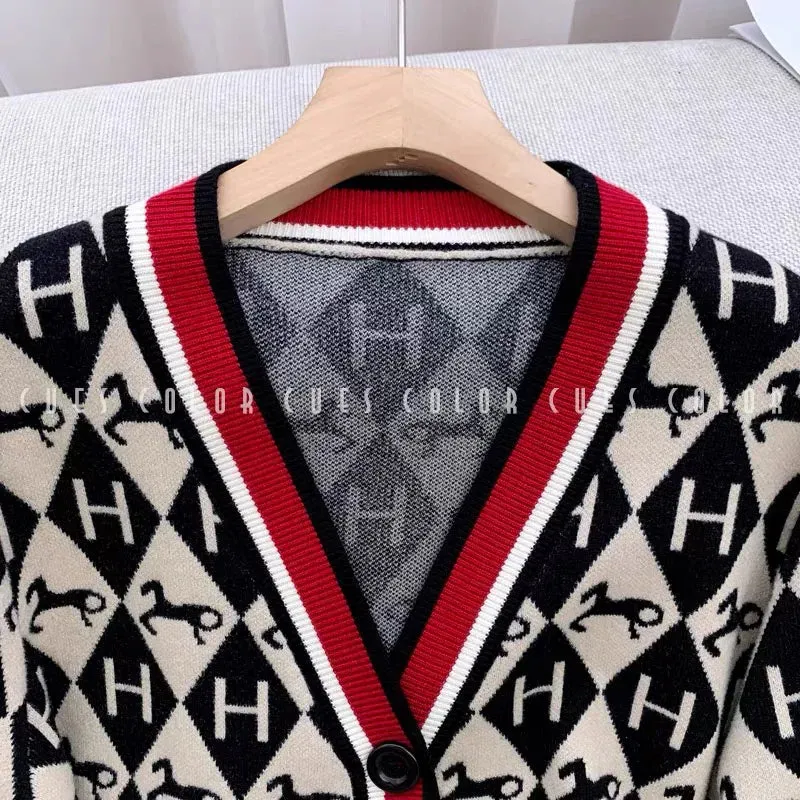 Letter Striped Cartoon Wool Knitted Cardigan