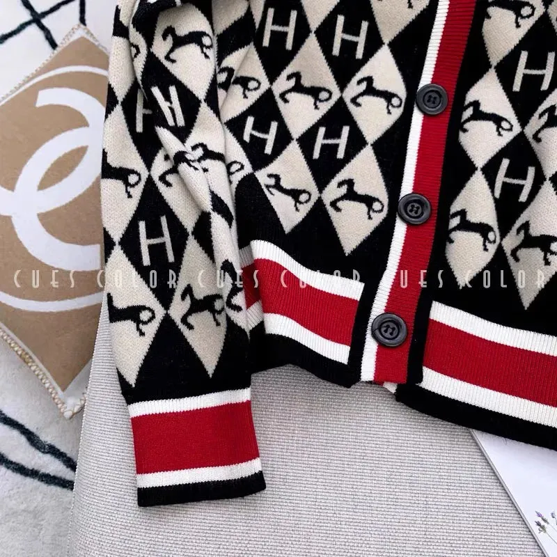 Letter Striped Cartoon Wool Knitted Cardigan