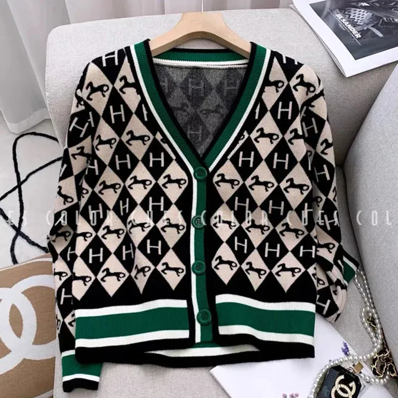 Letter Striped Cartoon Wool Knitted Cardigan