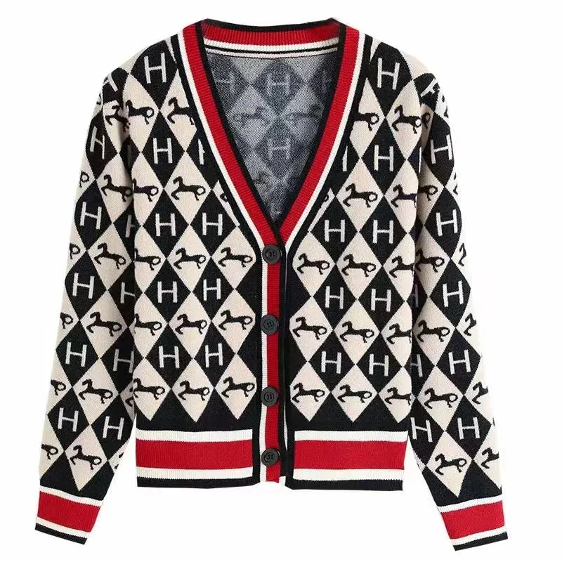 Letter Striped Cartoon Wool Knitted Cardigan