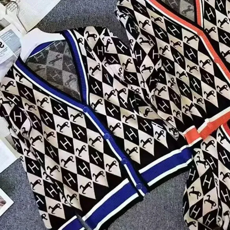 Letter Striped Cartoon Wool Knitted Cardigan