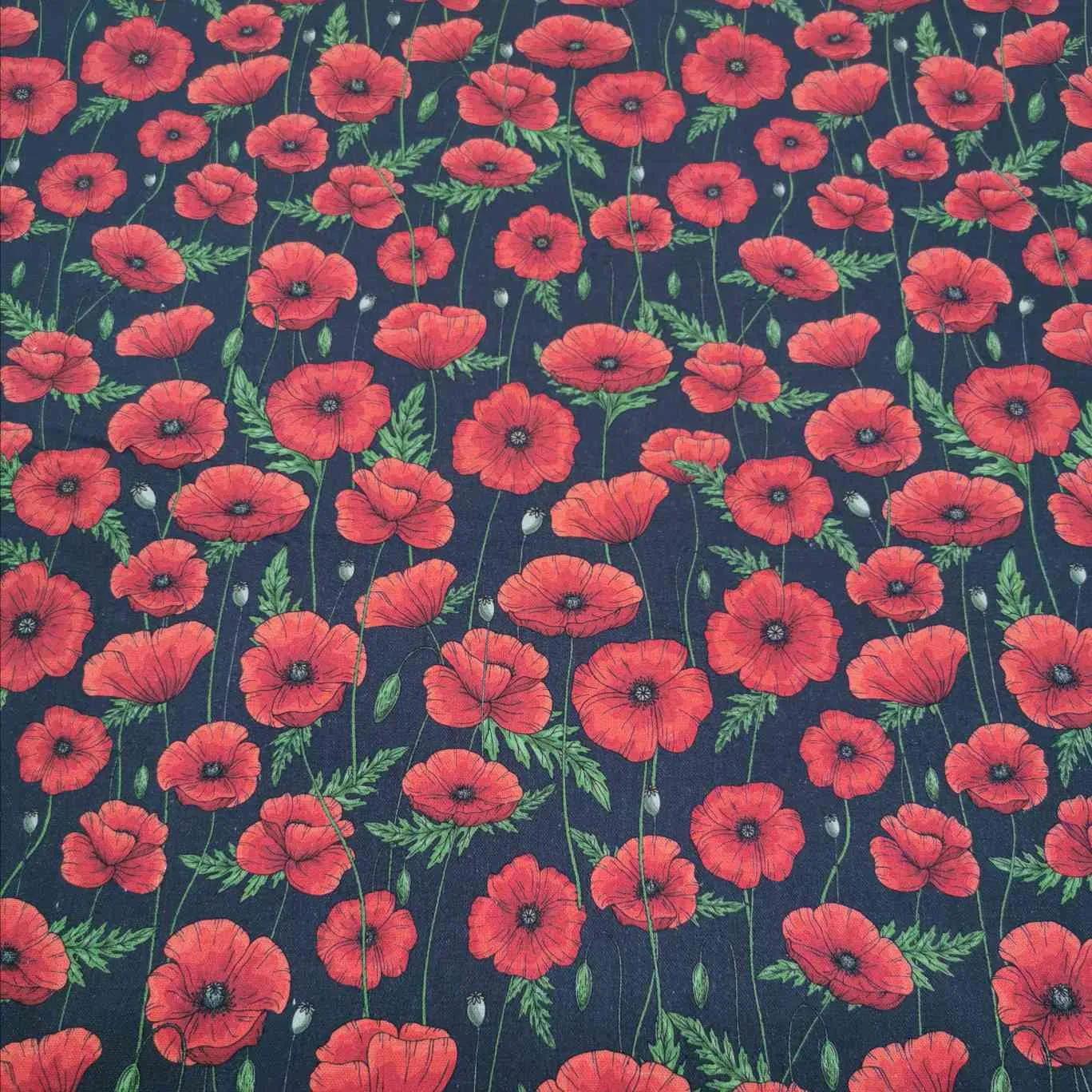 Linen Cotton, Poppies, Black