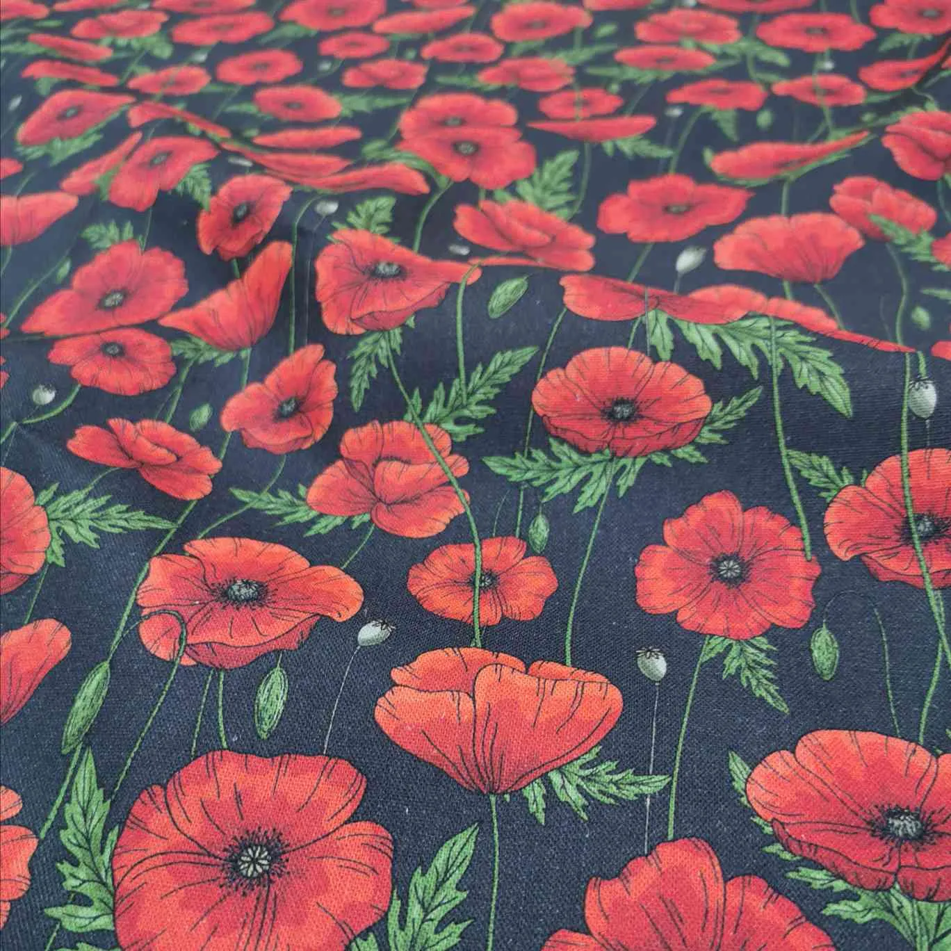 Linen Cotton, Poppies, Black