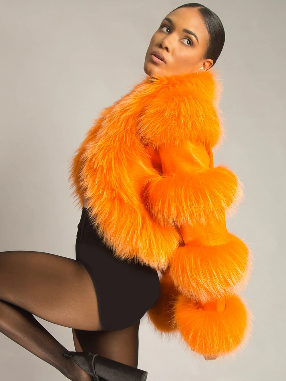 LITALY Fur Trim Leather Jacket in Orange