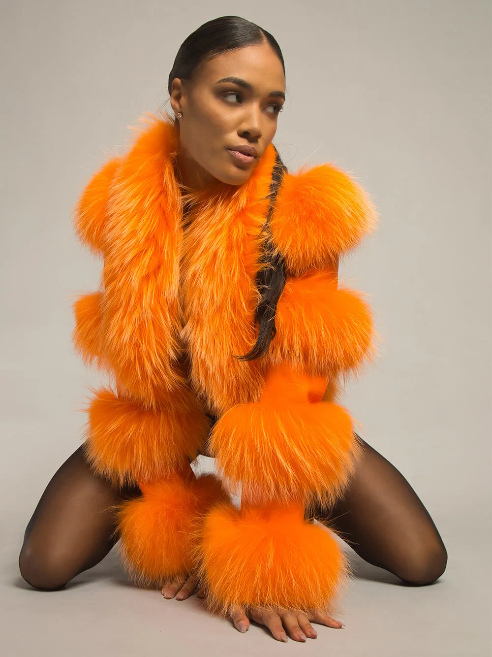 LITALY Fur Trim Leather Jacket in Orange